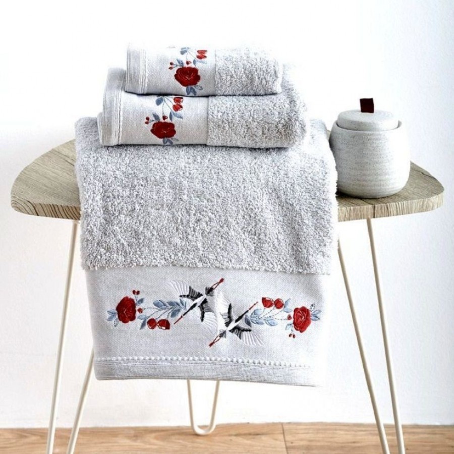 Σετ Πετσέτες 3 Τεμαχίων Με Kέντημα stork Silver Σετ Πετσέτες 3 Τεμαχίων Με Kέντημα stork Silver