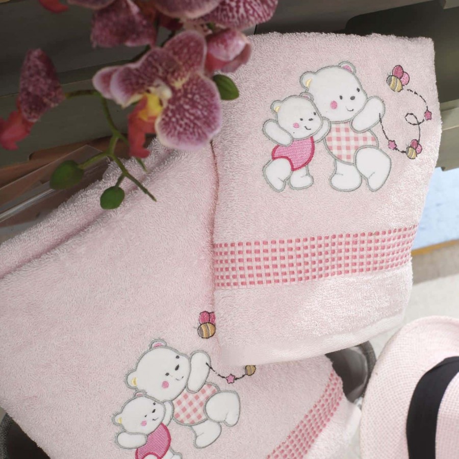 Σετ Πετσέτες Bebe Με Κέντημα Teddy Bear Pink