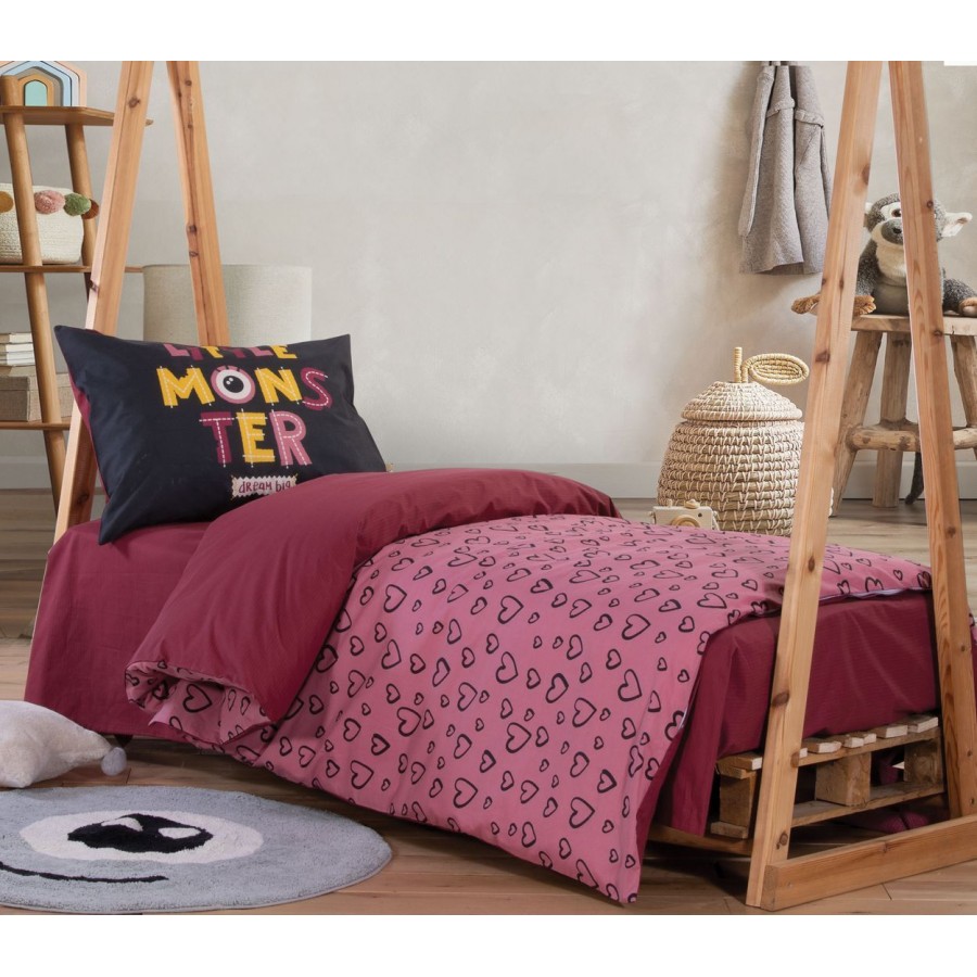 Παιδική Παπλωματοθήκη Μονή Σετ Little Monsters Hearts Coral 160X240 Nef-Nef