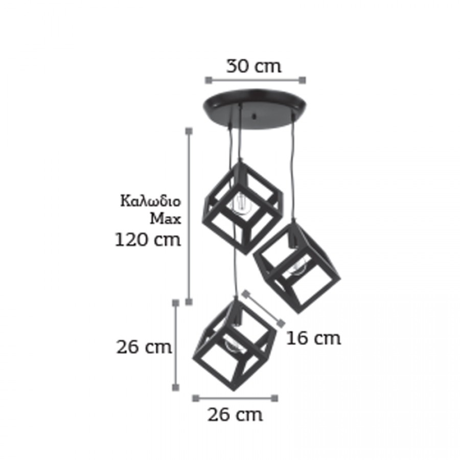 InLight Κρεμαστό φωτιστικό από μαύρο μέταλλο 3XE27 D:30cm (4400-3-BL-ΡΟΖΕΤΑ)